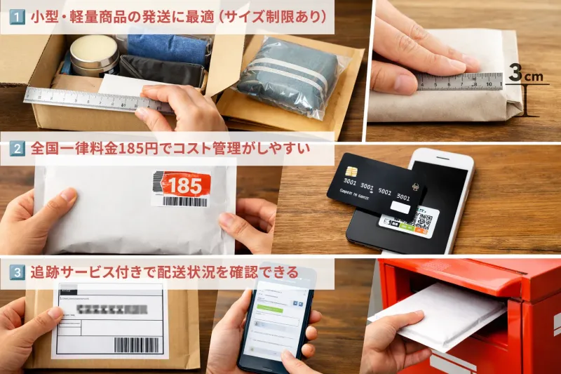 クリックポストの3つのメリット:1. 小型・軽量商品の発送に最適(厚さ3cm以内)、2. 全国一律料金185円でコスト管理がしやすい、3. 追跡サービス付きで配送状況を確認できる。それぞれの利用シーンを説明するイメージ画像。