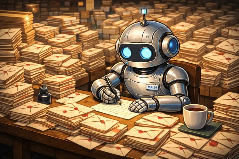 山積みになった大量の封筒（メッセージ）を前に、一人ひとりに向けた手紙を書くロボット。AIによるパーソナライズメール作成やCRM最適化のイメージ。
