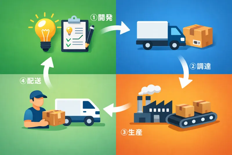 商品が届くまでの4つのリードタイム工程図。①開発（電球と書類）、②調達（トラックと荷物）、③生産（工場とベルトコンベア）、④配送（配達員とトラック）が円状の矢印でつながっている。
