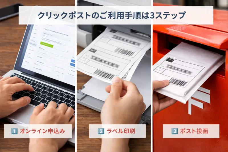 クリックポストのご利用手順は3ステップ:1. オンライン申込み(PC操作)、2. ラベル印刷(プリンターから出力)、3. ポスト投函。各工程の作業風景。