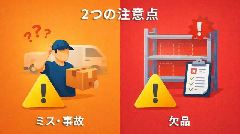 リードタイム短縮時の注意点を描いたイラスト。左側のオレンジ背景には荷物を抱えて困る人物と「ミス・事故」の文字、右側の赤背景には空の棚と警告マークで「欠品」の文字が描かれている。