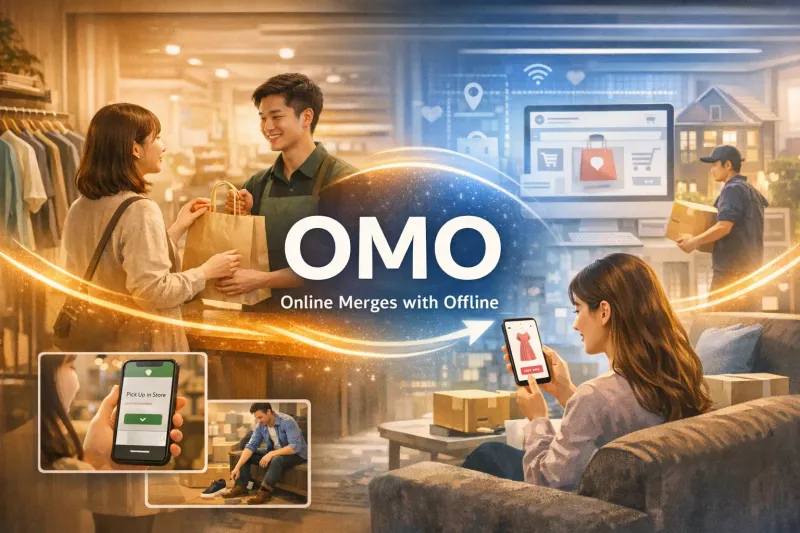 OMO（Online Merges with Offline）の概念図。店舗での接客、スマホでの商品チェック、自宅でのEC購入、店舗受け取り（BOPIS）など、オンラインとオフラインが融合した購買体験の様子。
