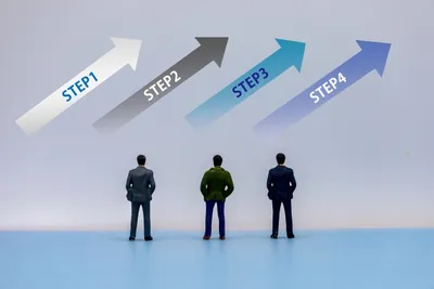 STEP1～STEP4の上昇矢印と3人のビジネスマン。業務プロセスの段階的進行