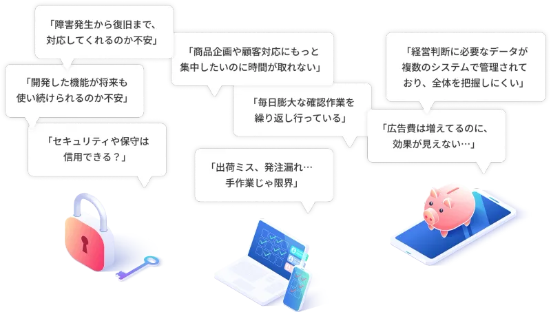 「セキュリティや保守は信用できる?」「出荷ミス、発注漏れ…手作業じゃ限界」「広告費は増えてるのに、効果が見えない…」