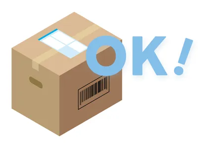 段ボール箱に『OK!』の大きな青い文字が重ねられたイラスト